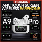 A9 Pro Earphones Wireless Bluetooth 5.4 Headset ANC Noise Reduction Mic Call Earbuds LED Touch Screen Control Headphone
