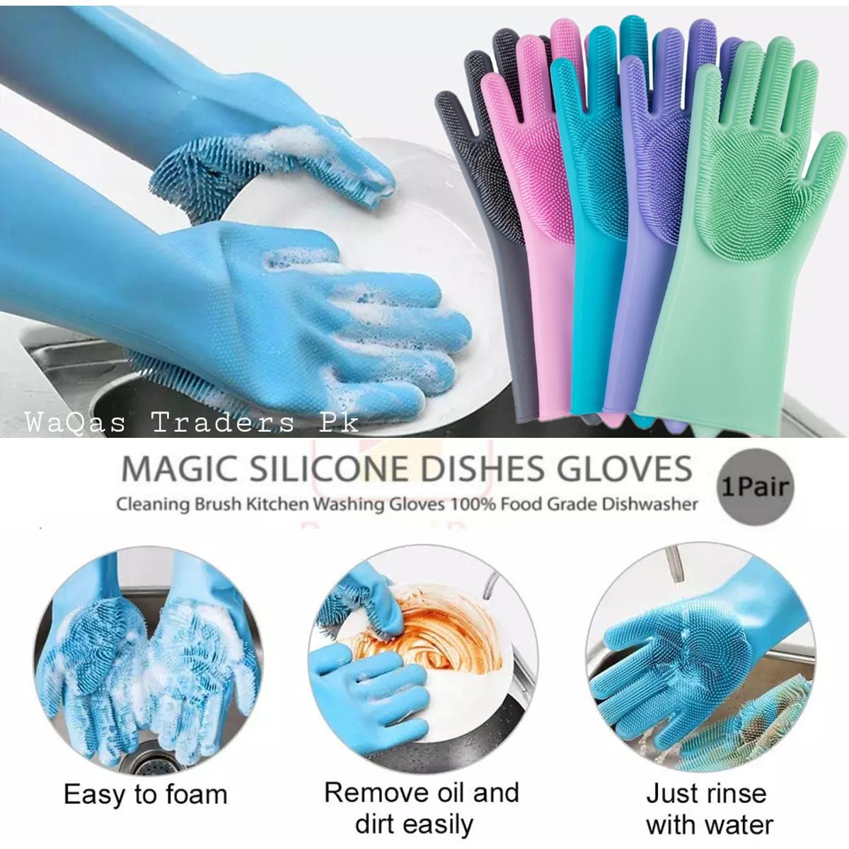 Dishwashing Gloves Silicone Rubber Waterproof – Scotch Brite Style with Steel Scrub, Long Kitchen Cleaning Gloves for Dishes and Home Use